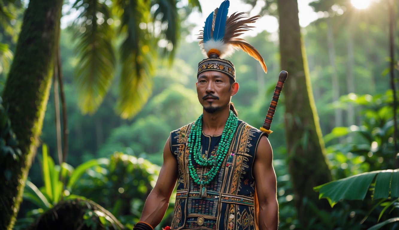 Seorang pria Suku Dayak mengenakan pakaian tradisional berdiri di hutan tropis yang rimbun.