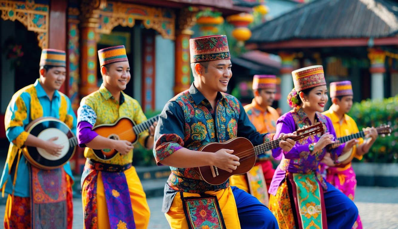 Sekelompok orang Suku Betawi mengenakan pakaian tradisional sedang melakukan aktivitas budaya di lingkungan perkotaan Jakarta.