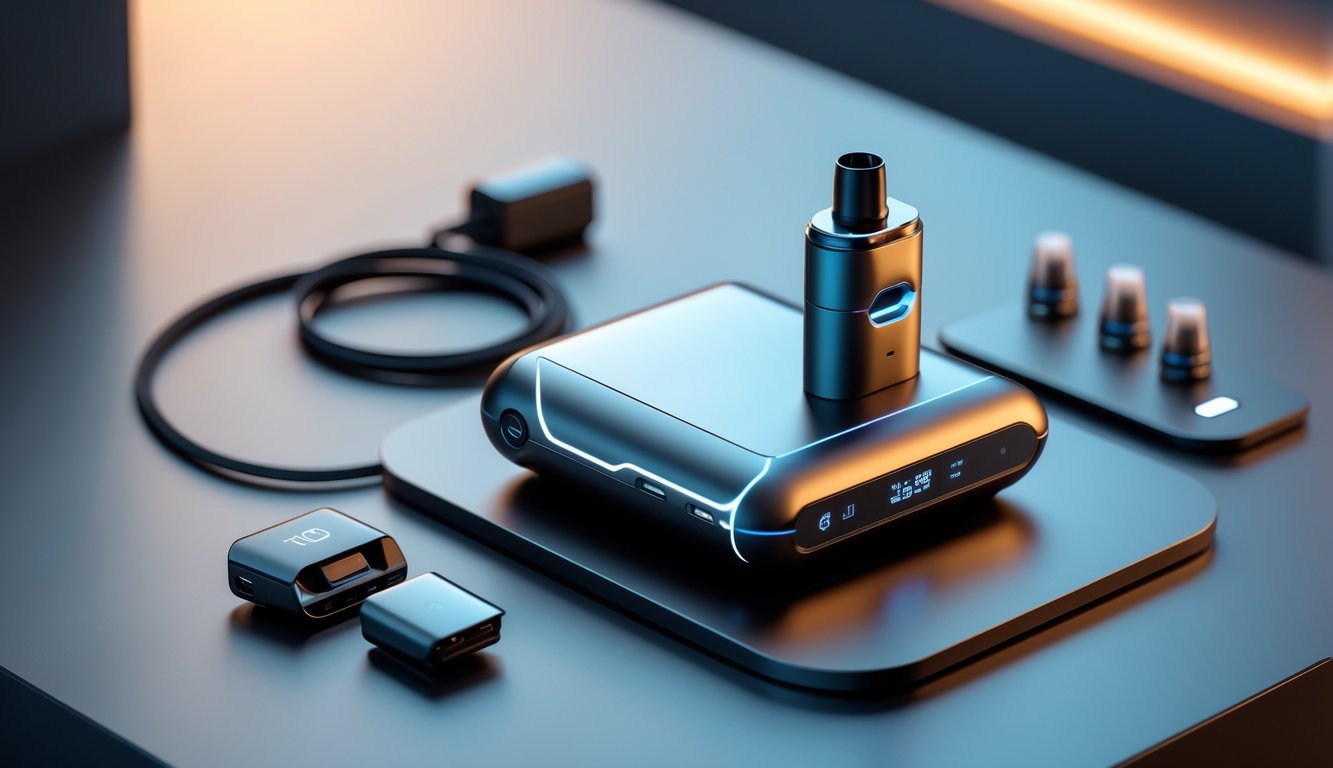 Sebuah perangkat vape modern dan elegan diletakkan di atas permukaan dengan aksesori di sekitarnya, dengan latar belakang yang samar dan pencahayaan hangat.