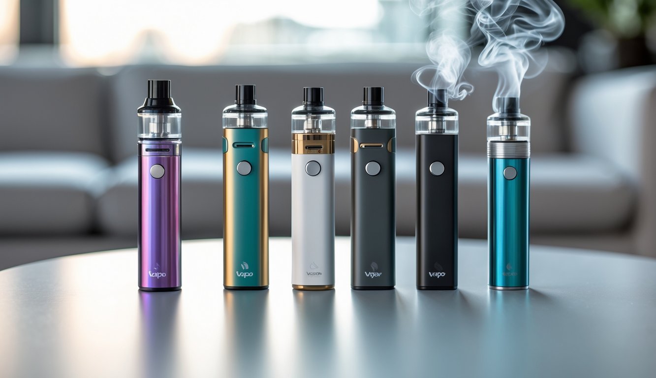 Beberapa perangkat vape terbaru tersusun rapi di atas permukaan bersih dengan asap tipis di sekitarnya.
