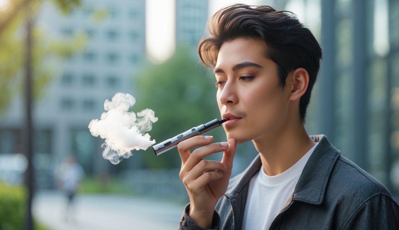 Seorang dewasa muda sedang menggunakan vape di luar ruangan dengan latar belakang kota.