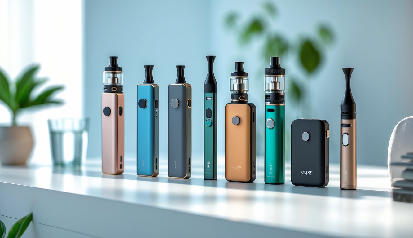 Beberapa perangkat vape berkualitas tinggi dan murah tersusun rapi di atas permukaan putih dengan latar belakang minimalis.