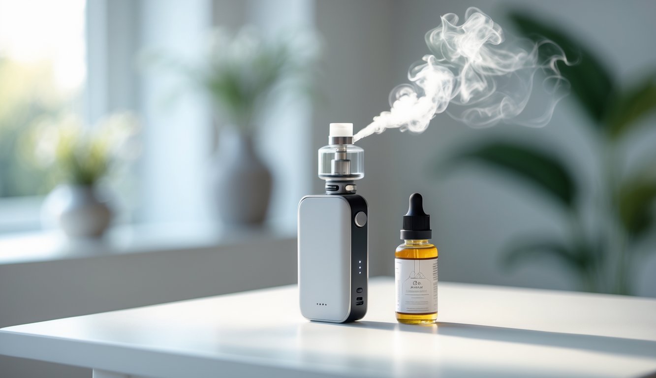 Perangkat vape sederhana dan botol cairan e-liquid di atas meja putih dengan latar belakang yang samar.