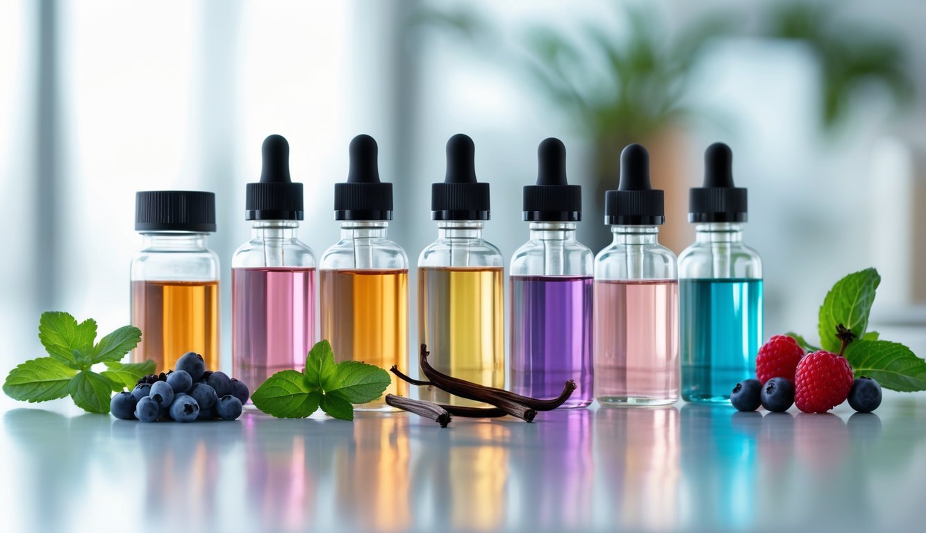 Beberapa bahan vape berkualitas seperti cairan vape berwarna, daun mint segar, vanila, dan buah-buahan yang disusun rapi di atas meja bersih.