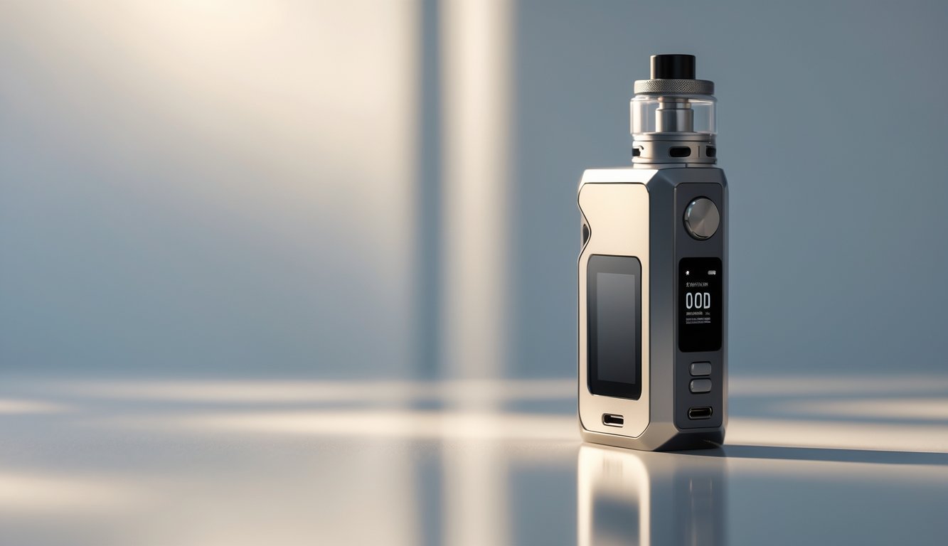 Sebuah perangkat vape mod modern diletakkan di atas permukaan bersih dengan latar belakang buram.