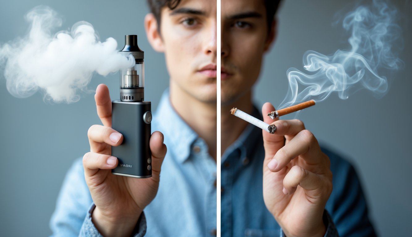 Dua orang berdiri berdampingan, satu mengisap vape dengan uap putih, yang lain merokok dengan asap tipis.