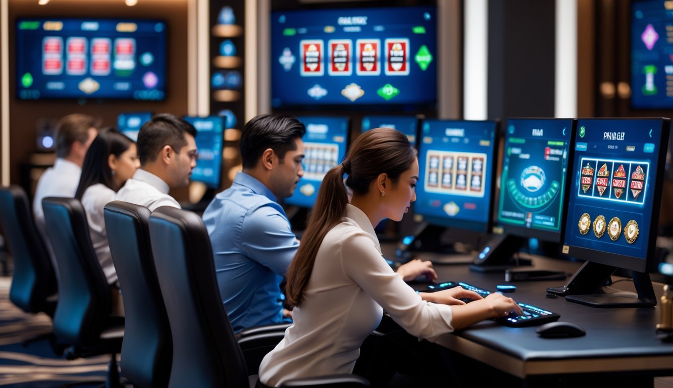 Beberapa orang sedang bermain dan mengatur strategi di meja permainan kasino virtual dengan layar komputer yang menampilkan permainan kasino online.