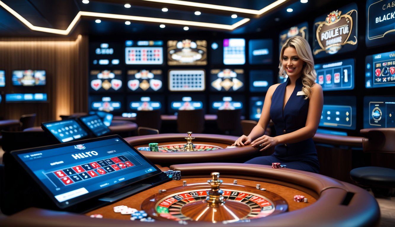 Seorang dealer kasino langsung sedang bermain di meja kasino dengan layar digital dan peralatan permainan di sekitarnya.