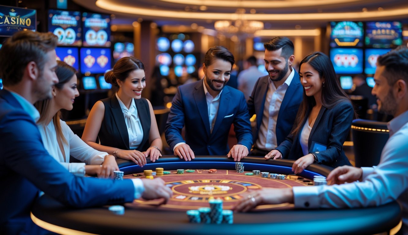 Sejumlah pemain dan dealer sedang bermain di meja kasino langsung dengan suasana modern dan cerah.