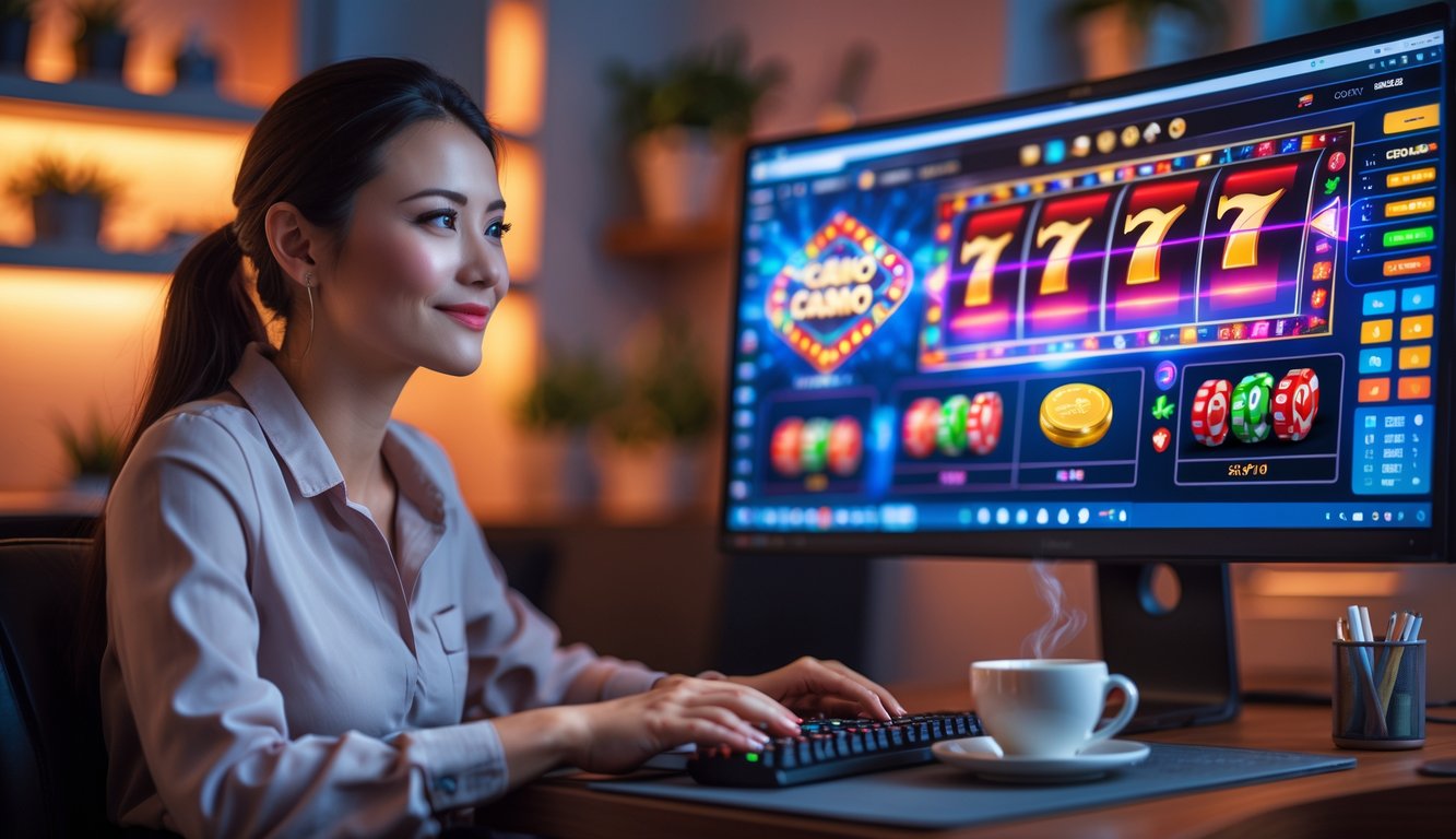 Seorang wanita muda duduk di depan komputer bermain permainan kasino online dengan ekspresi fokus dan percaya diri di sebuah ruangan yang nyaman.