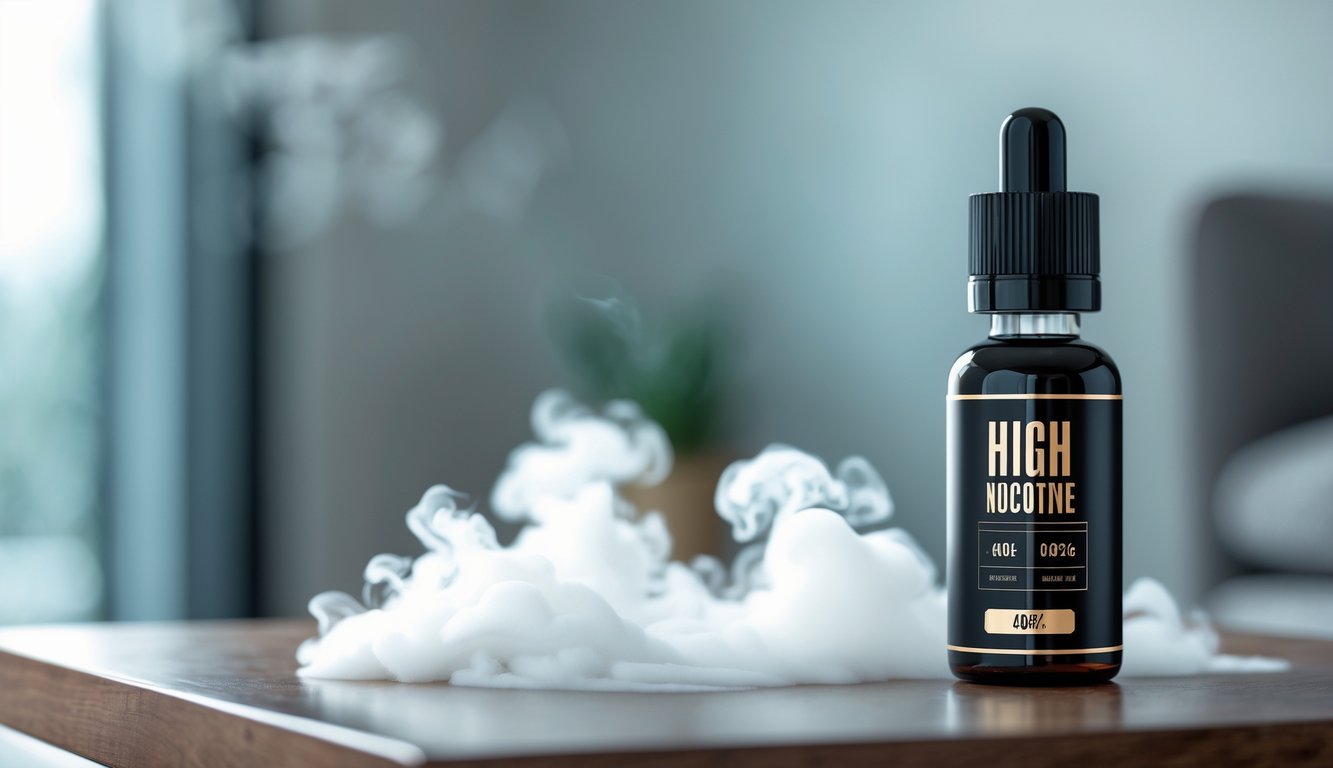 Botol vape juice dengan kandungan nikotin tinggi di atas meja kayu dengan latar belakang kabut vape dan pencahayaan alami.