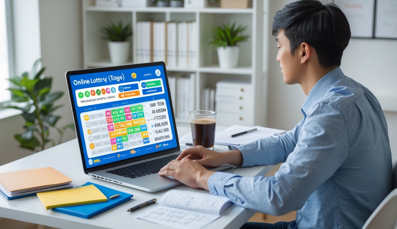 Seseorang duduk di meja dengan laptop, belajar cara bermain togel online, di ruangan yang rapi dan terang.