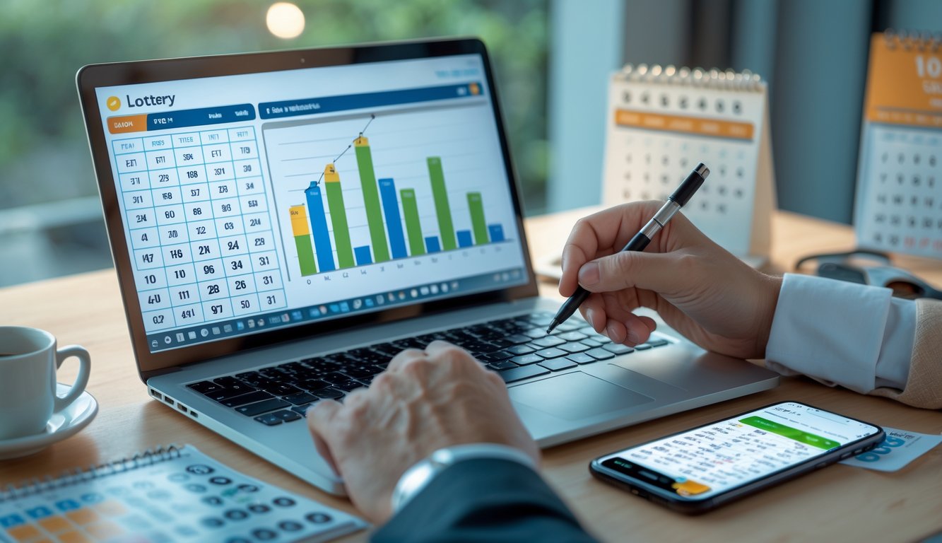 Seorang pria duduk di meja kerja dengan laptop dan smartphone, menganalisis data angka keberuntungan di lingkungan yang rapi dan terang.