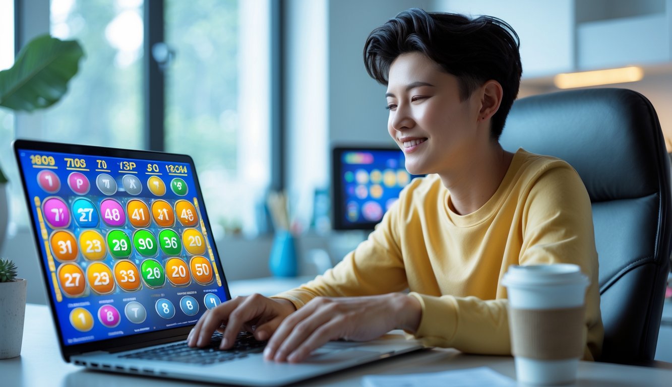 Seorang dewasa muda duduk di meja dengan laptop terbuka menampilkan angka togel digital, di ruang kerja modern dengan pencahayaan lembut.