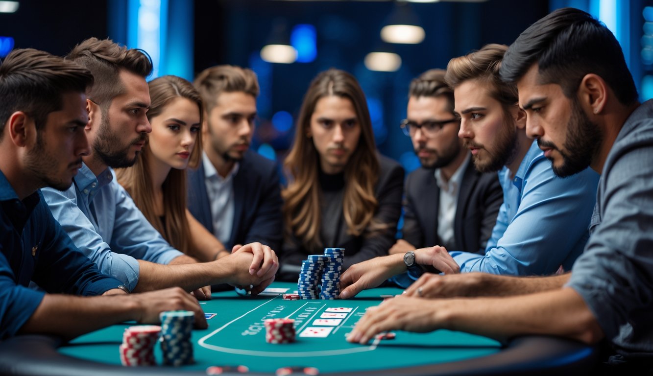 Beberapa pemain poker serius duduk mengelilingi meja poker dengan chip dan kartu, saling memperhatikan dengan fokus.