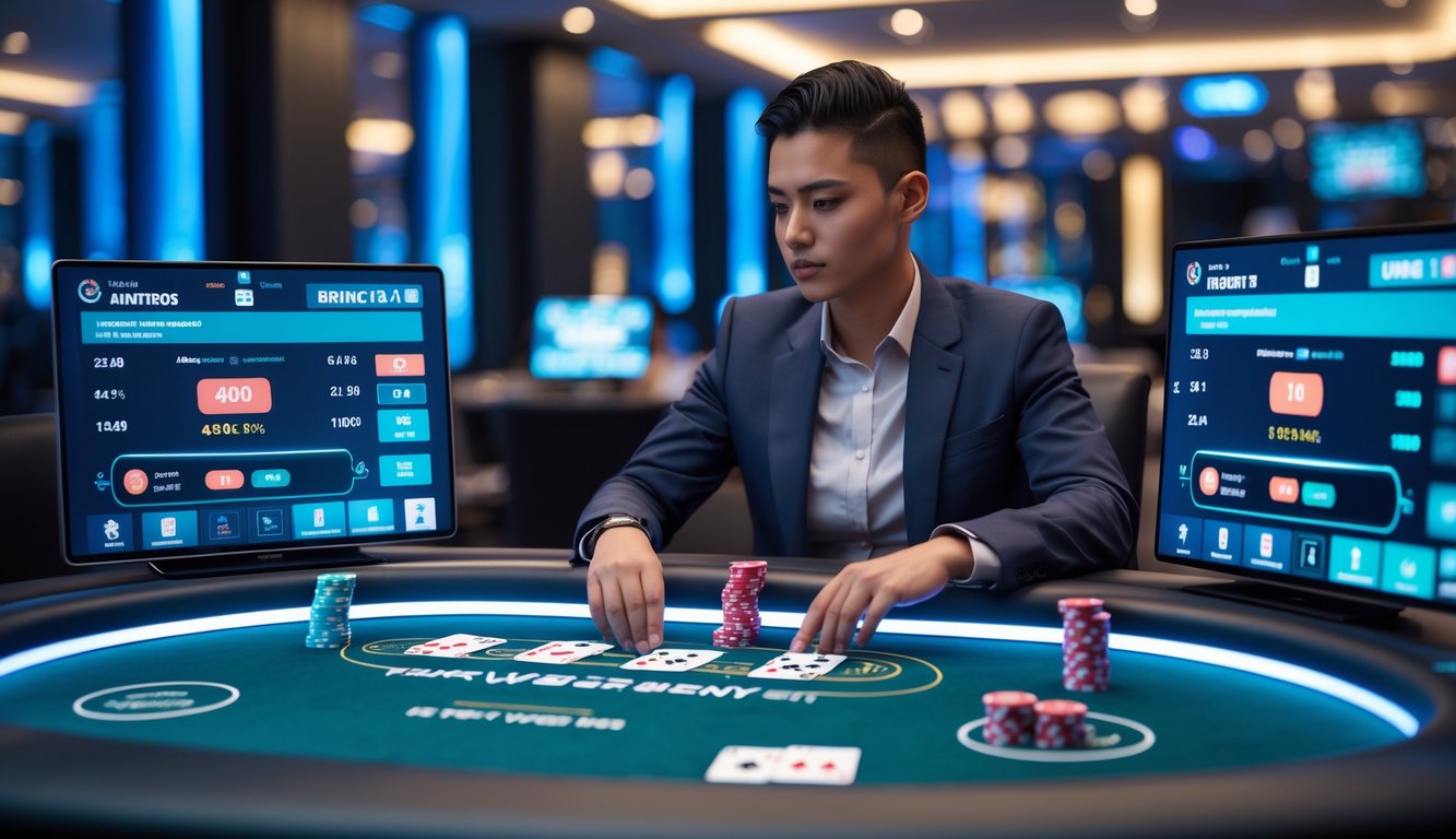 Seorang pria duduk di meja poker digital dengan kartu dan chip, fokus pada permainan poker online.