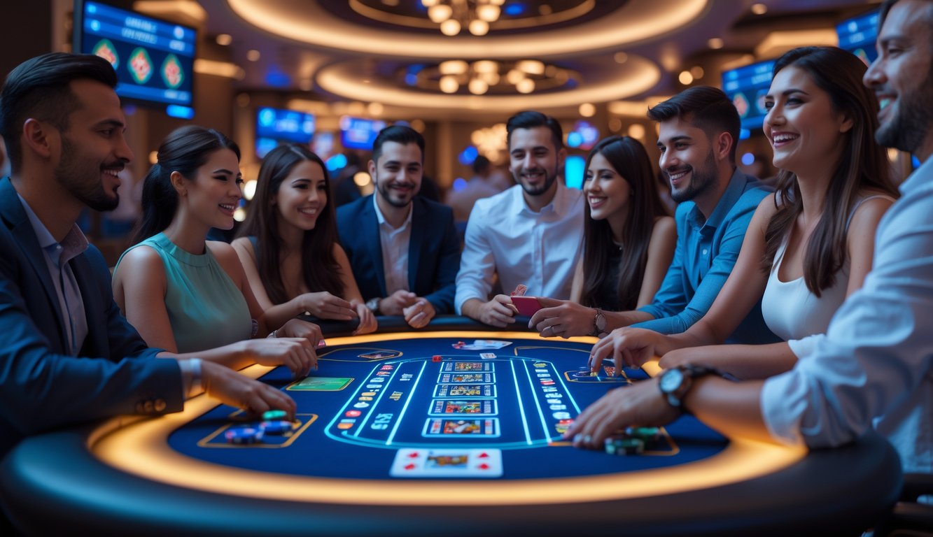 Sekelompok orang bermain poker online di meja digital di dalam kasino modern dengan lampu dan layar besar di latar belakang.