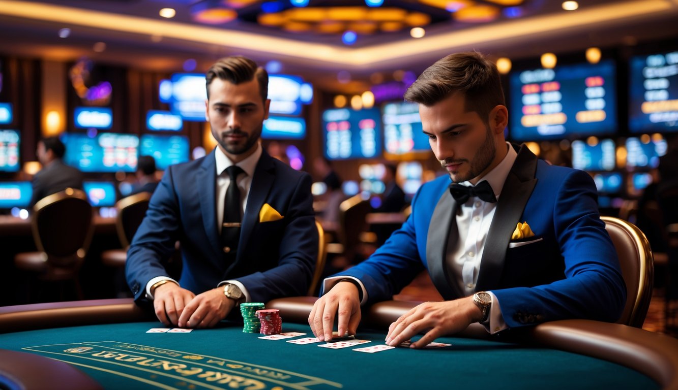 Seorang pemain di meja kasino langsung sedang bermain dengan dealer di lingkungan kasino yang ramai.