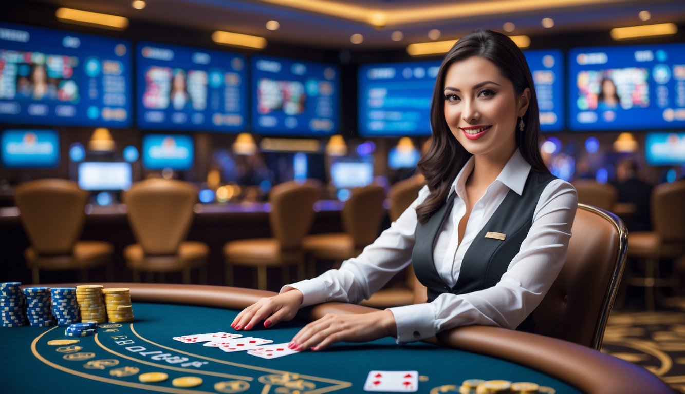 Seorang dealer wanita profesional duduk di meja kasino dengan kartu dan chip, di latar belakang terdapat layar yang menampilkan permainan kasino secara langsung.