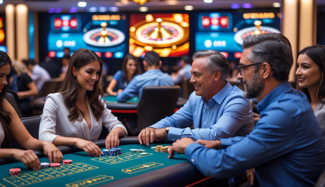 Orang-orang bermain permainan kasino langsung di meja kasino modern dengan layar digital dan suasana yang ramai.