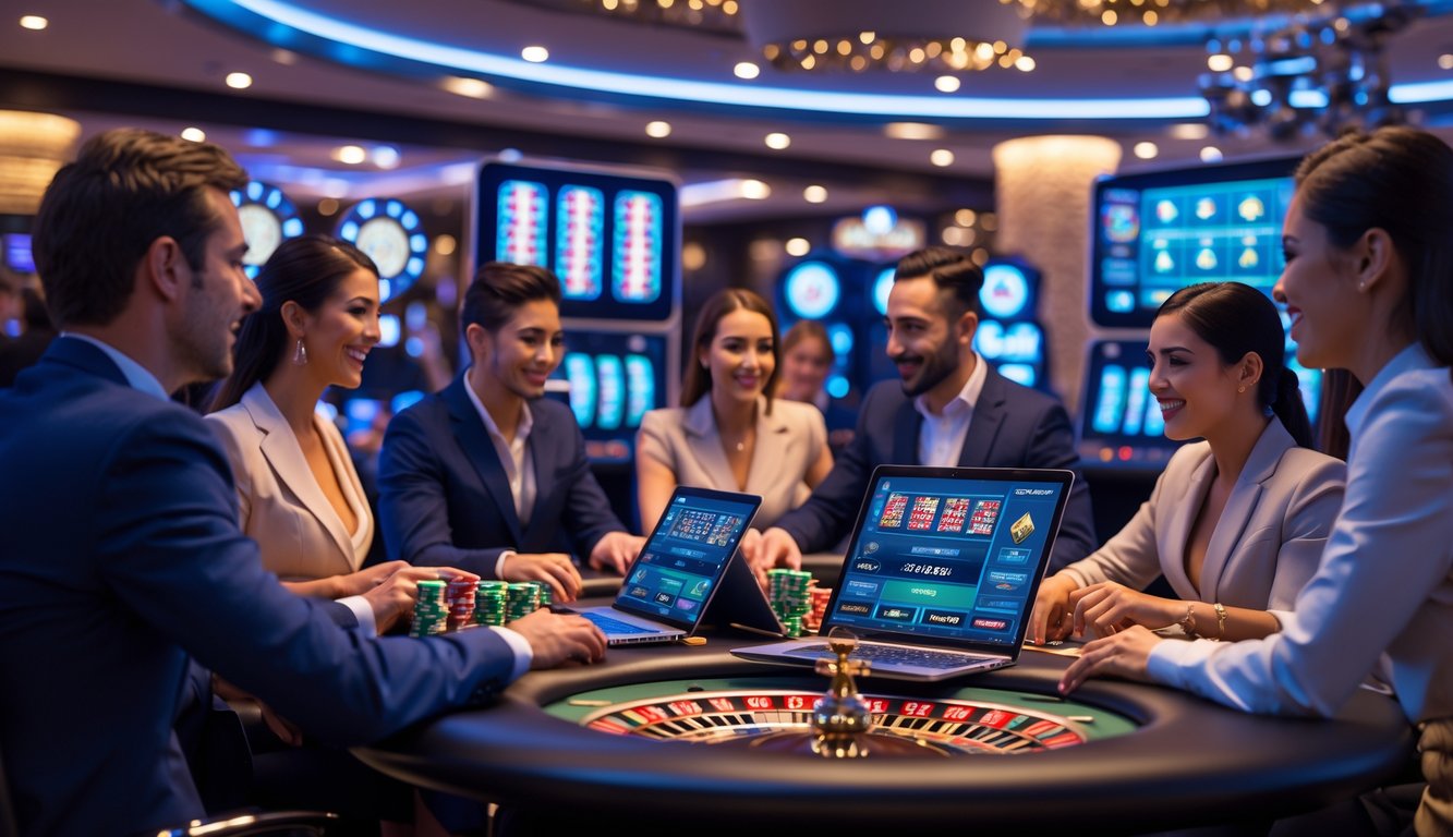 Beberapa orang bermain permainan kasino populer secara online dengan dealer langsung di layar komputer dalam suasana kasino yang modern dan mewah.