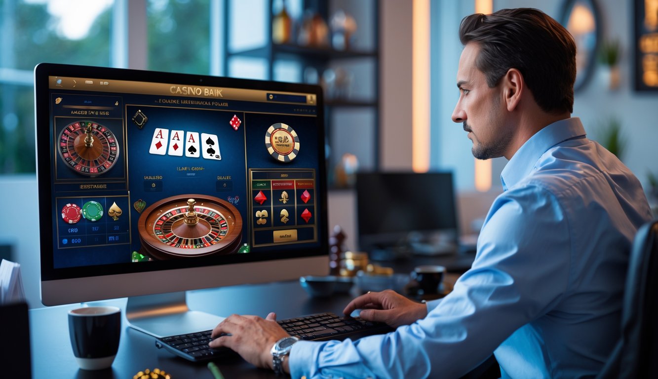 Seorang pemain dewasa sedang bermain permainan kasino langsung secara online di komputer di ruang kerja rumah yang terang dan rapi.