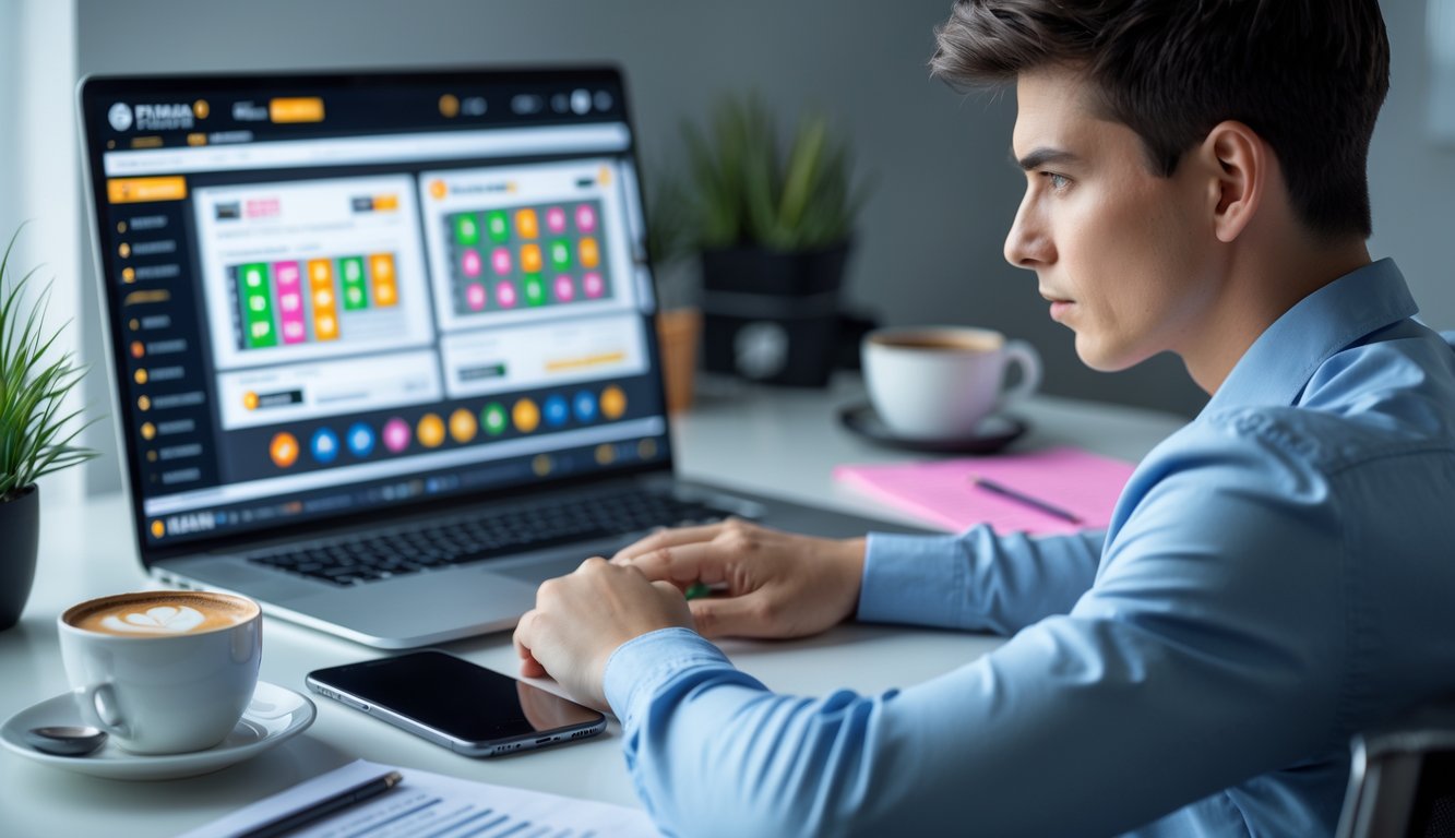 Seseorang duduk di depan laptop di ruang kerja modern, fokus pada layar yang menampilkan permainan judi online.