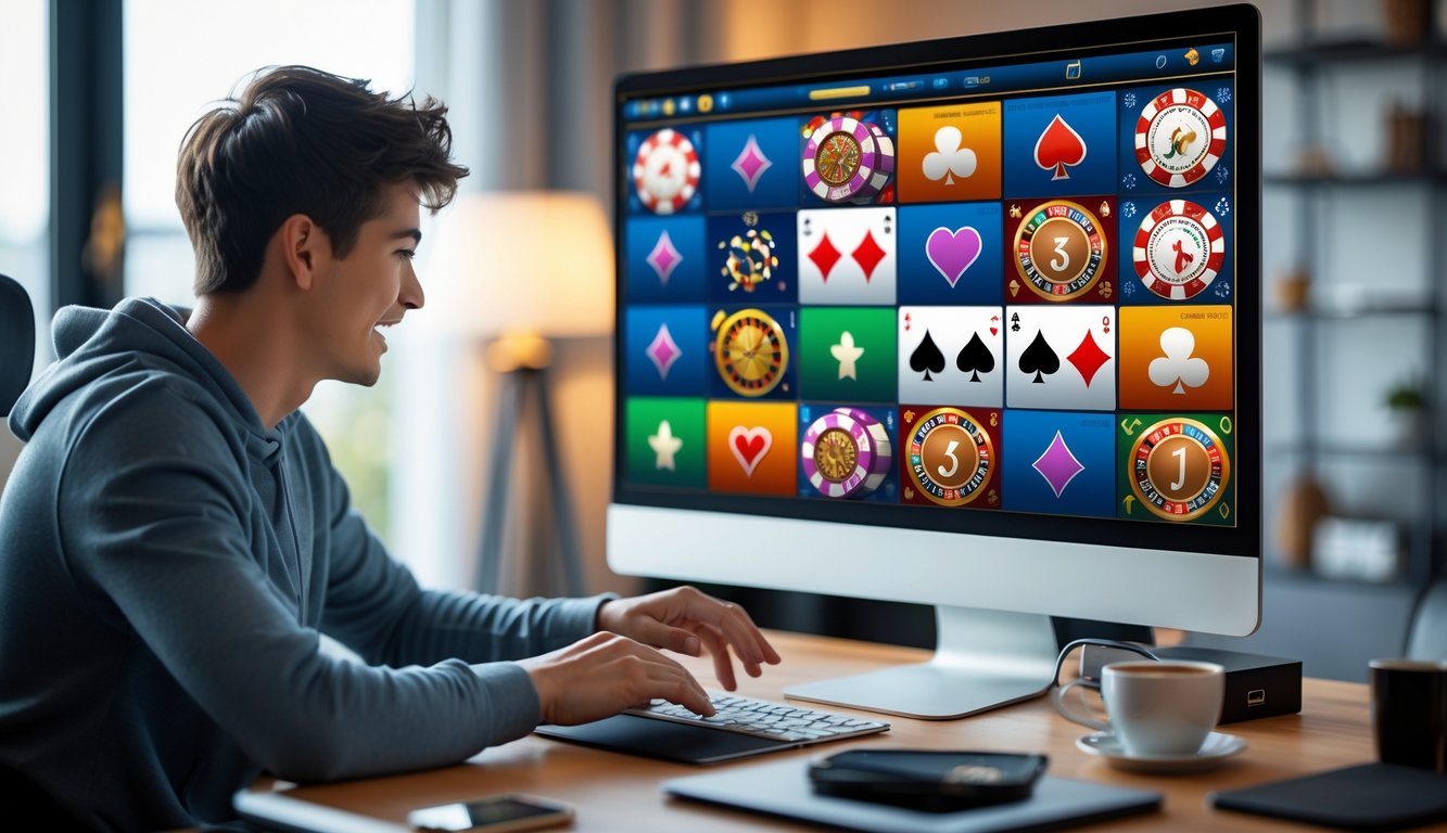 Seseorang duduk di depan komputer dengan tampilan permainan kasino online di layar, di meja terdapat ponsel, buku catatan, dan secangkir kopi.
