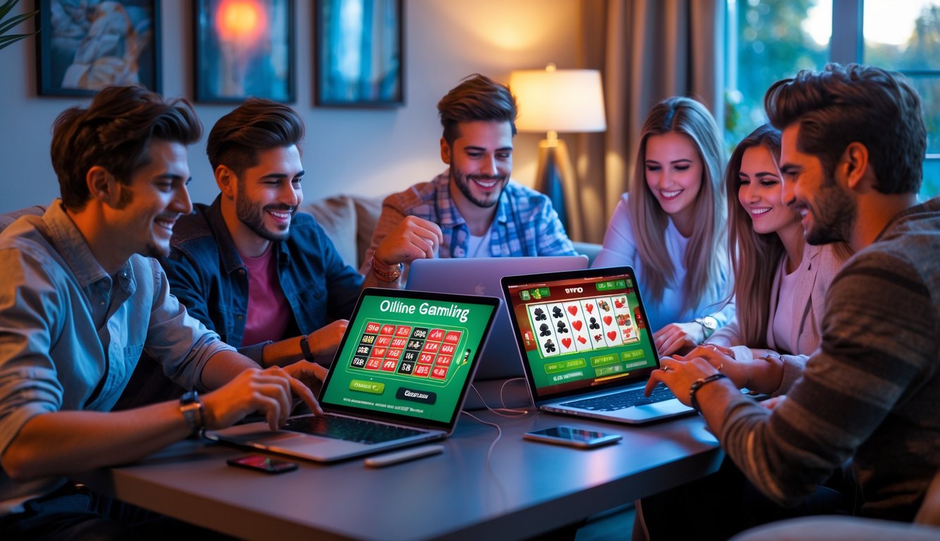 Sekelompok orang muda bermain permainan judi online bersama di ruang tamu yang nyaman dengan laptop dan ponsel.