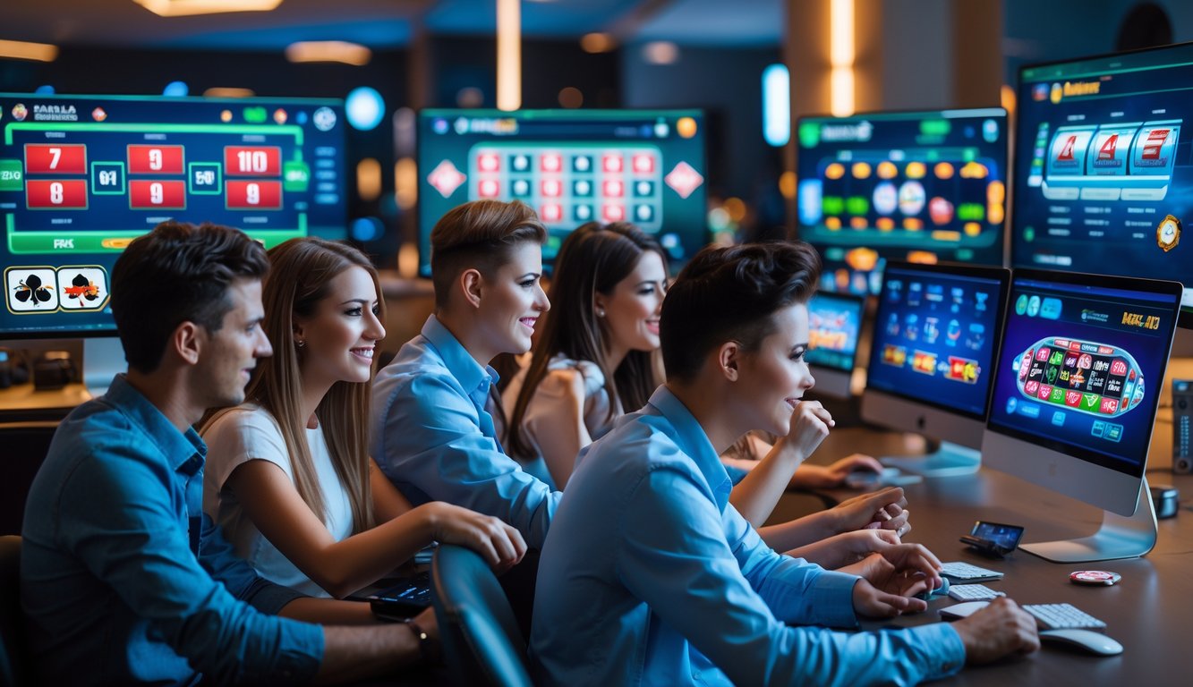 Sekelompok orang muda sedang menggunakan komputer dan ponsel untuk bermain game judi online di ruangan modern yang terang.