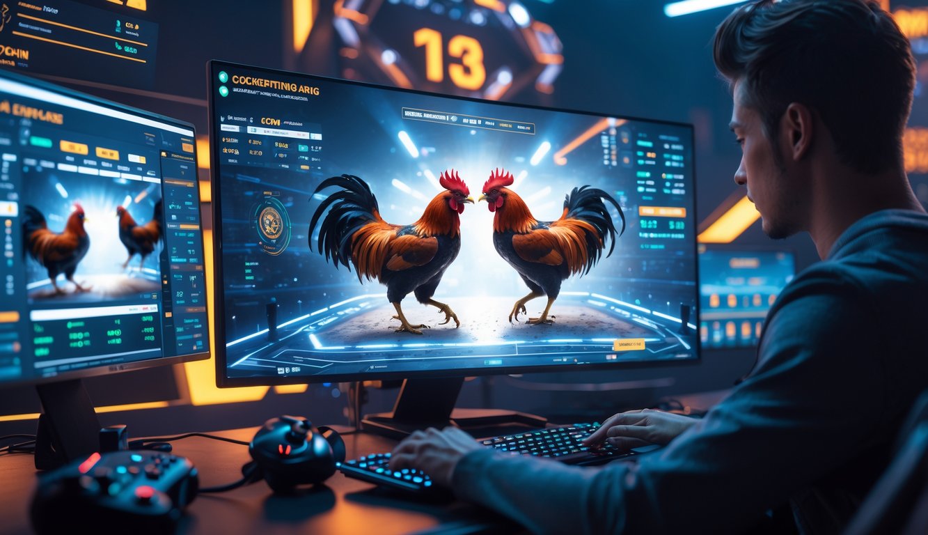 Seorang pemain fokus menggunakan komputer dengan layar yang menampilkan pertarungan ayam jago virtual di arena modern.