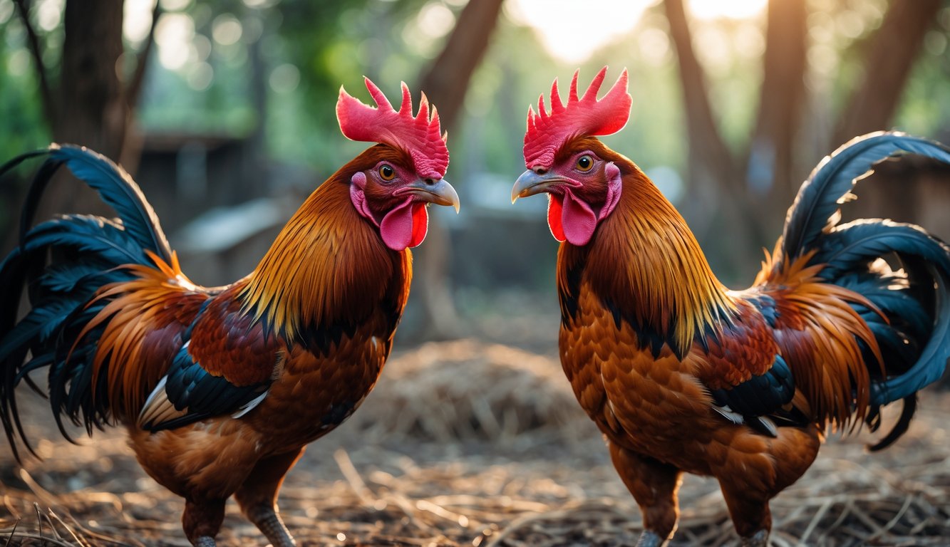 Dua ayam petarung yang kuat sedang berdiri di luar ruangan dengan latar belakang alam pedesaan.