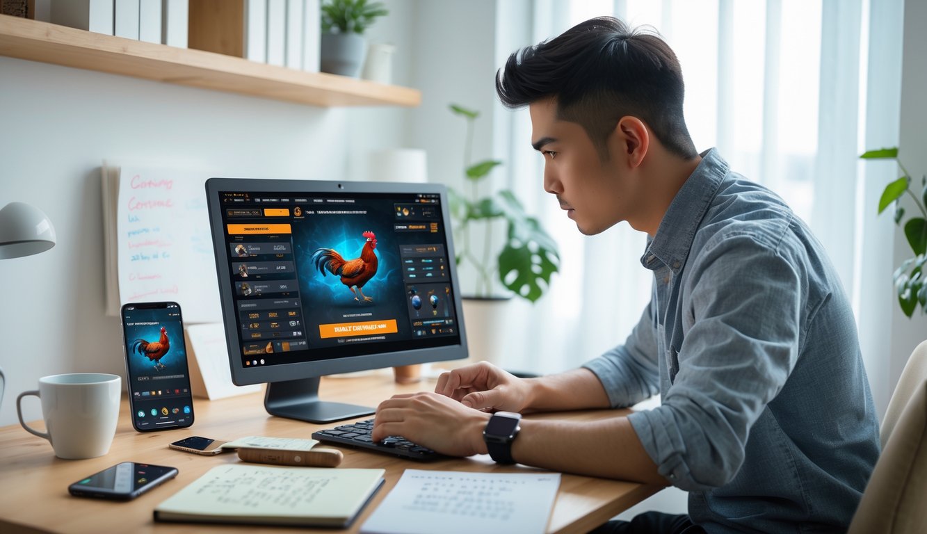 Seorang pria muda duduk di meja dengan laptop yang menampilkan permainan sabung ayam online, dikelilingi catatan dan ponsel di ruang kerja yang terang.