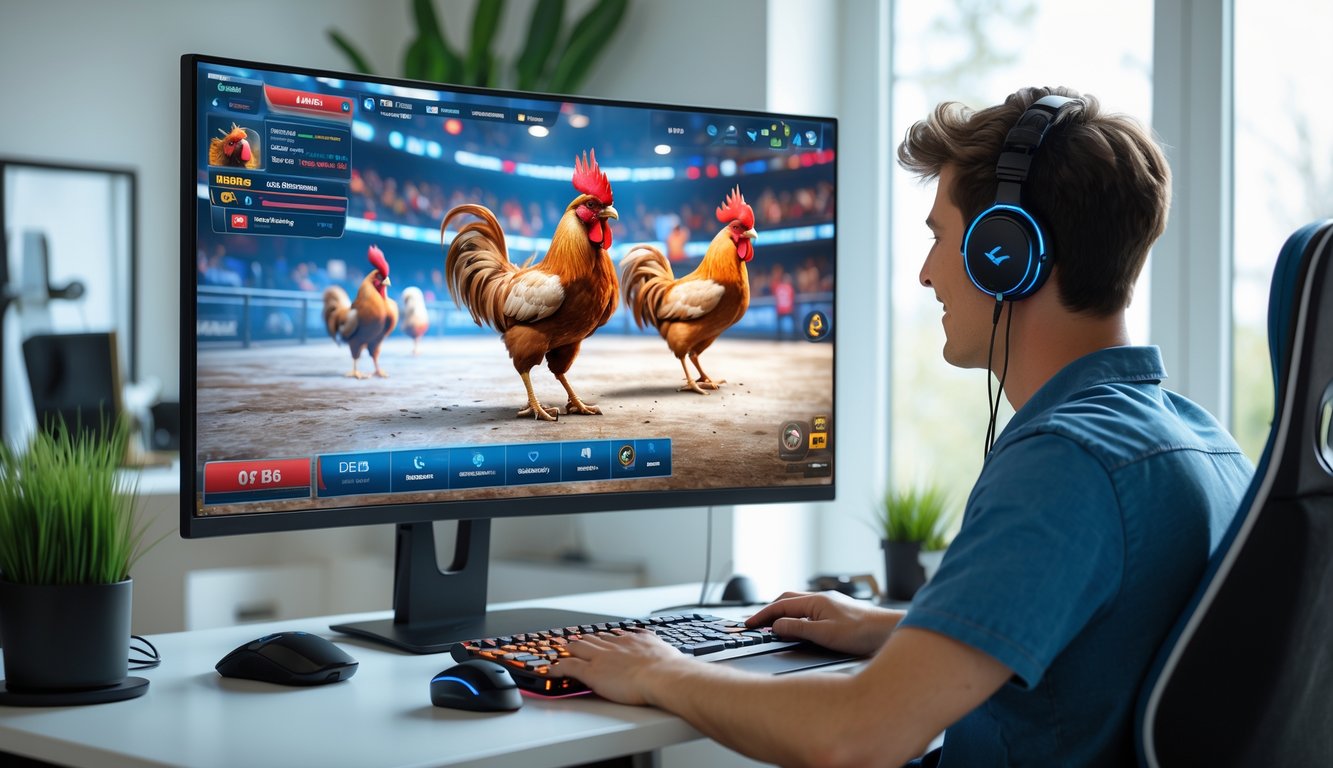 Seorang pria muda duduk di depan komputer di ruang kerja modern, bermain permainan sabung ayam virtual dengan tampilan layar yang hidup dan cerah.