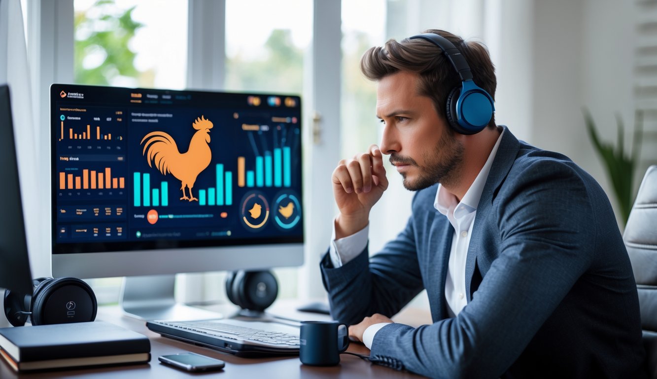 Seorang pria fokus duduk di depan komputer dengan layar menampilkan gambar ayam jago dan grafik persaingan di ruang kerja modern.