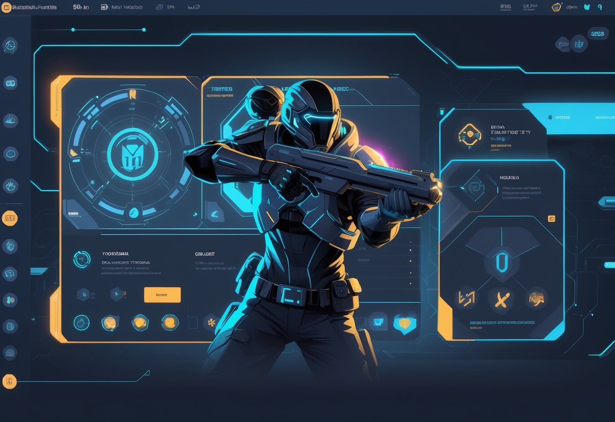 Seorang pemburu hadiah futuristik dengan perlengkapan teknologi tinggi berdiri di depan layar antarmuka permainan yang menampilkan pola dan fitur bonus.