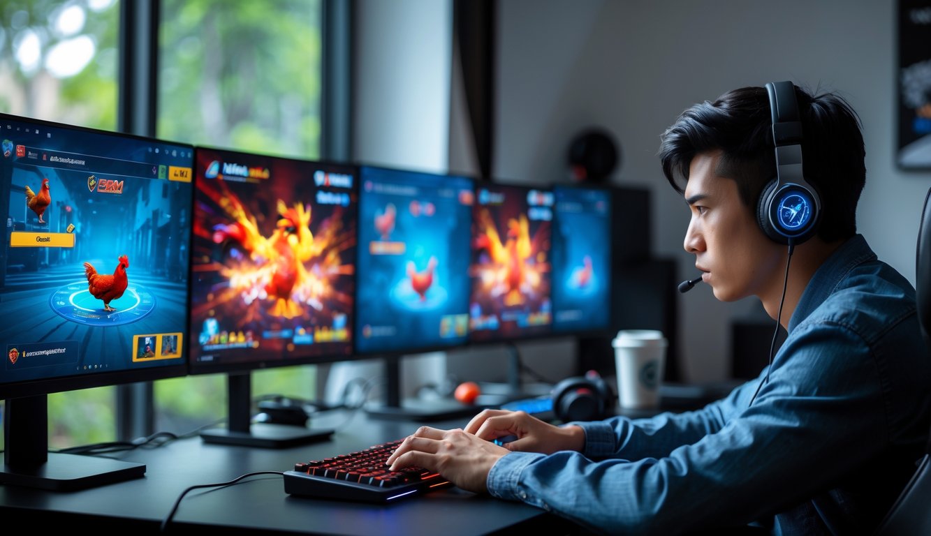 Seorang pria muda fokus bermain permainan sabung ayam online di depan komputer dengan beberapa layar di ruangan terang.