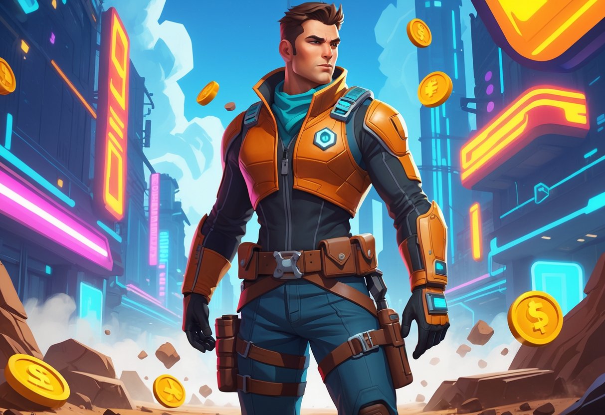 Seorang pemburu hadiah dengan perlengkapan futuristik berdiri di lingkungan penuh aksi dengan elemen seperti antarmuka digital bercahaya, peti harta karun, dan latar belakang kota futuristik yang berpadu dengan nuansa koboi.