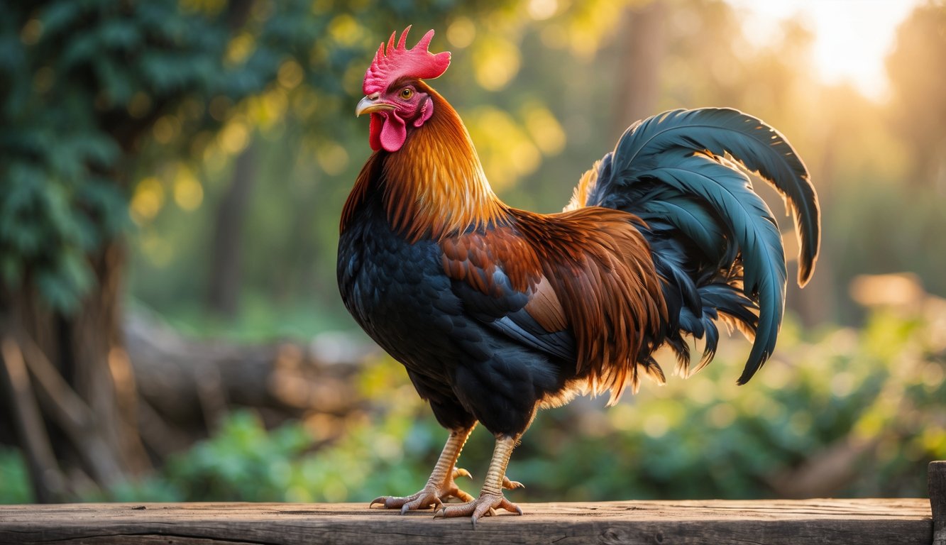Seekor ayam petarung yang sehat dan kuat berdiri di atas permukaan kayu dengan latar belakang tanaman hijau dan sinar matahari.