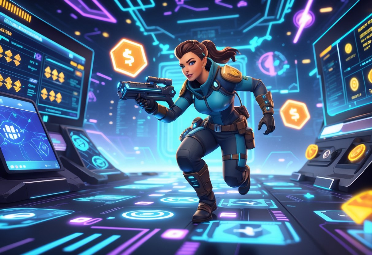 Seorang pemburu hadiah dengan perlengkapan futuristik sedang beraksi di lingkungan berteknologi tinggi yang menampilkan antarmuka holografik dan peta strategi.