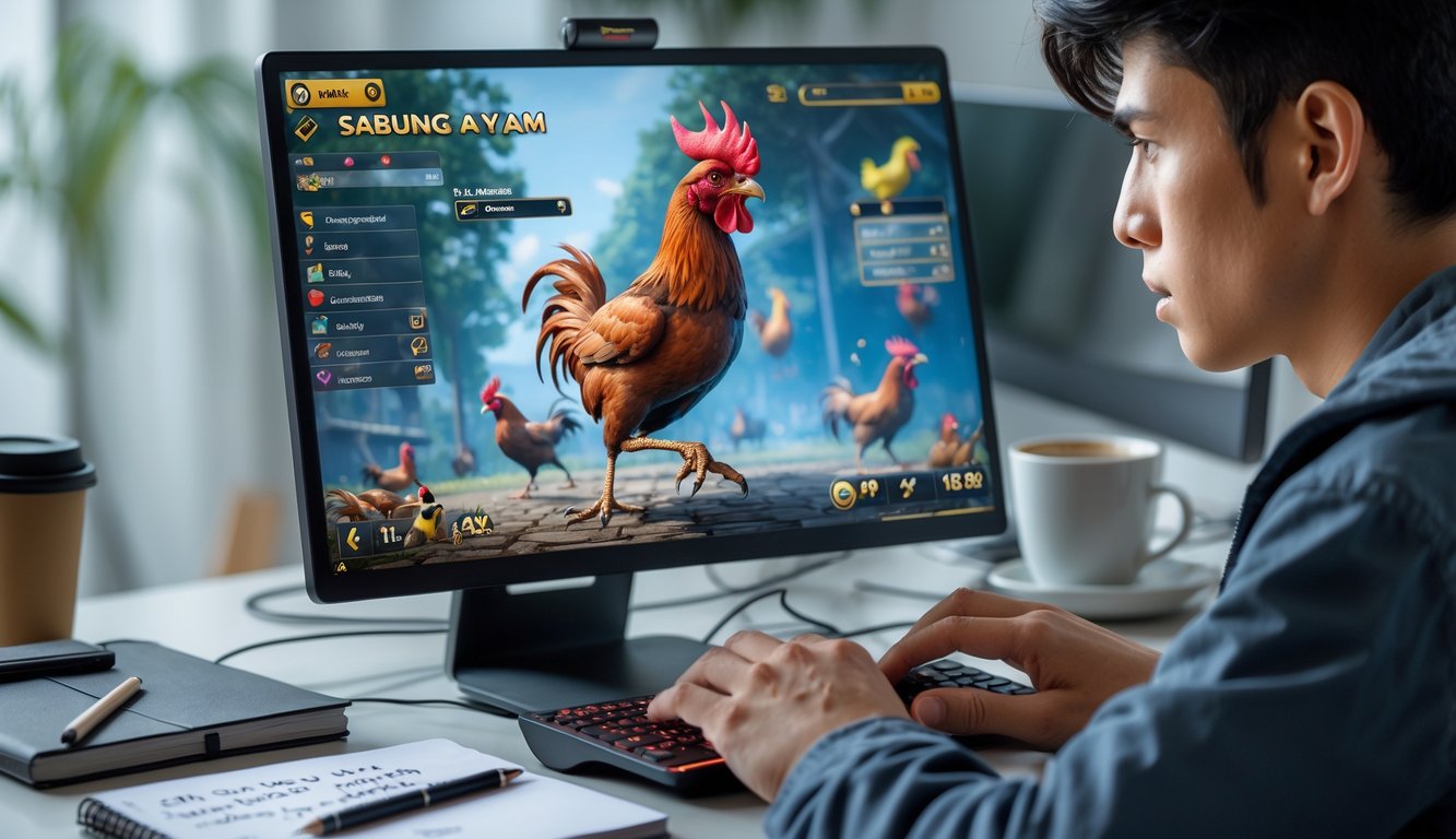 Seorang pria muda sedang fokus bermain sabung ayam online di depan komputer dengan suasana ruang kerja yang rapi.