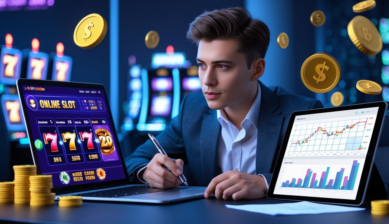 Seseorang duduk di meja dengan laptop, ponsel, dan tablet yang menampilkan permainan slot online dan grafik strategi, fokus pada analisis untuk meningkatkan peluang jackpot.