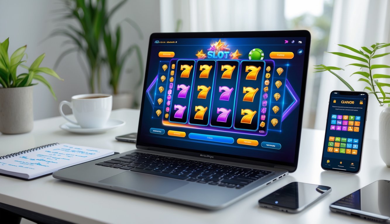 Seorang pemain menggunakan komputer dengan tampilan permainan slot online berwarna-warni di layar, dikelilingi oleh catatan dan ponsel di atas meja di ruangan yang terang.