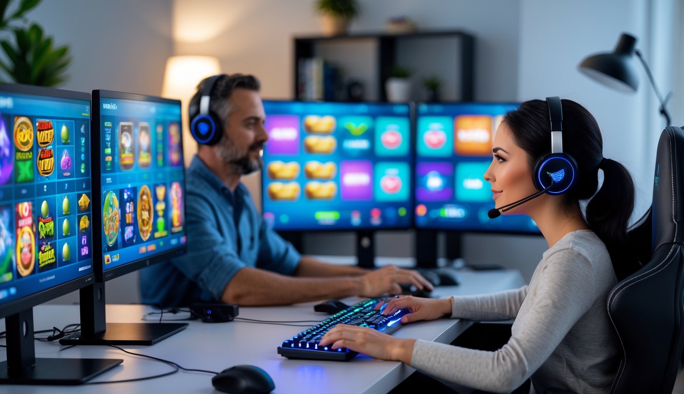 Dua orang dewasa duduk di depan komputer dengan layar menampilkan permainan slot online, terlihat fokus dan serius bermain dalam ruangan yang rapi dan nyaman.