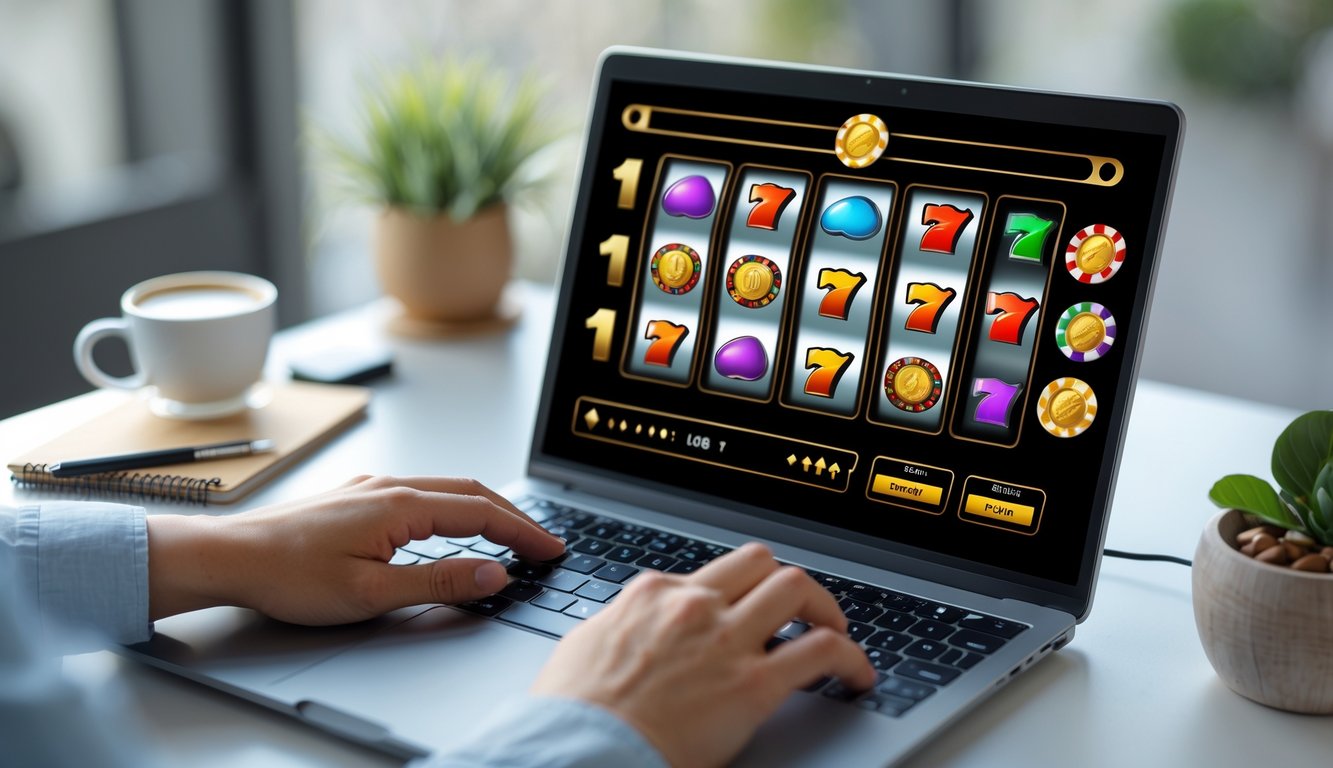 Seorang pengguna bermain mesin slot online di komputer dengan latar meja kerja yang rapi dan pencahayaan terang.