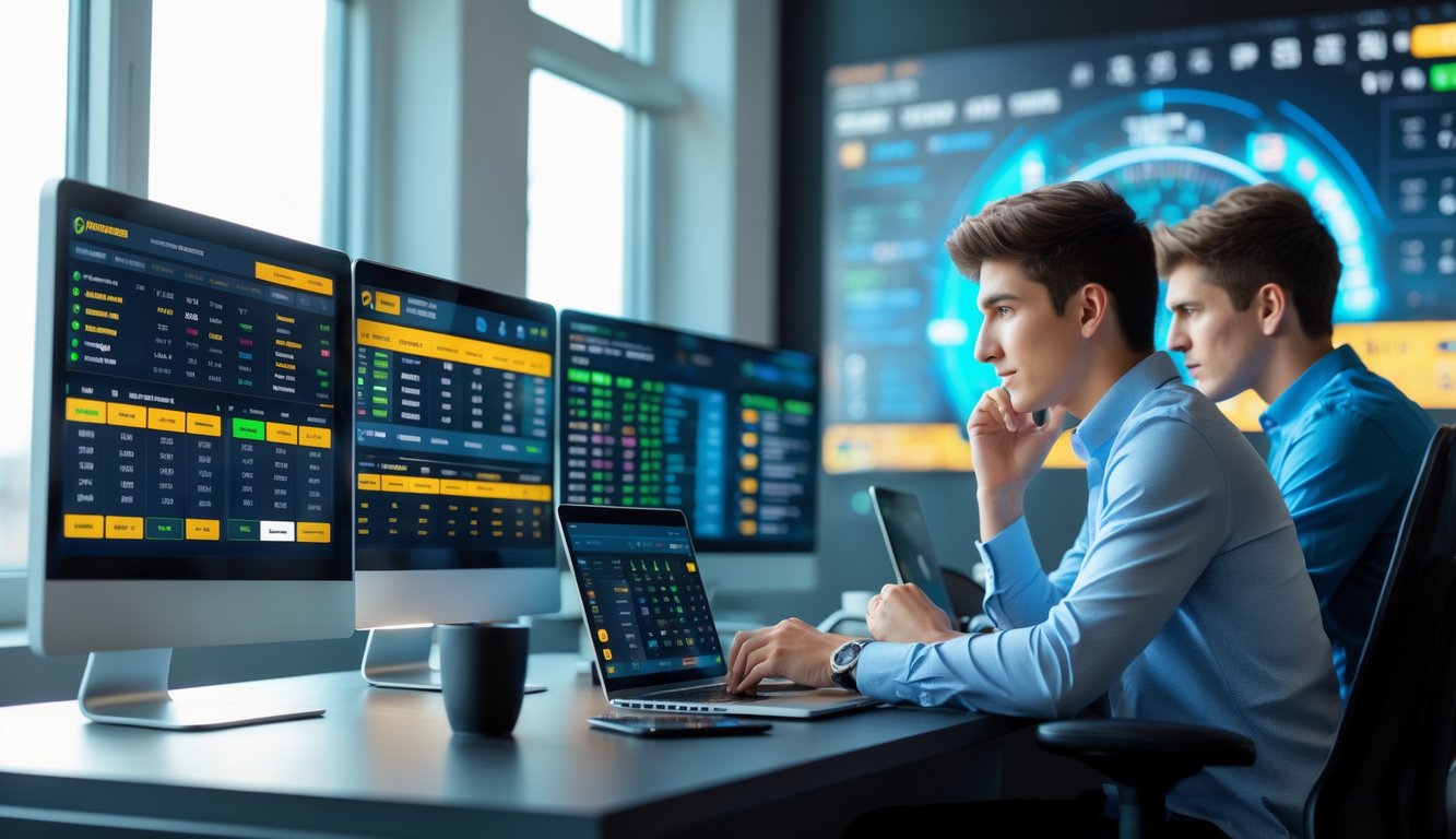 Dua orang muda sedang menggunakan komputer dan ponsel untuk taruhan olahraga online di ruangan terang.