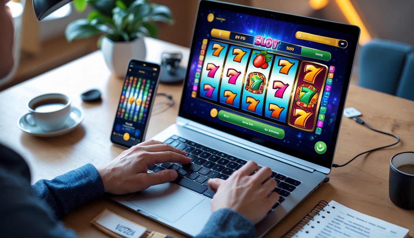 Seorang pemain menggunakan laptop dan ponsel untuk bermain slot online dengan latar meja kerja yang rapi dan pencahayaan hangat.