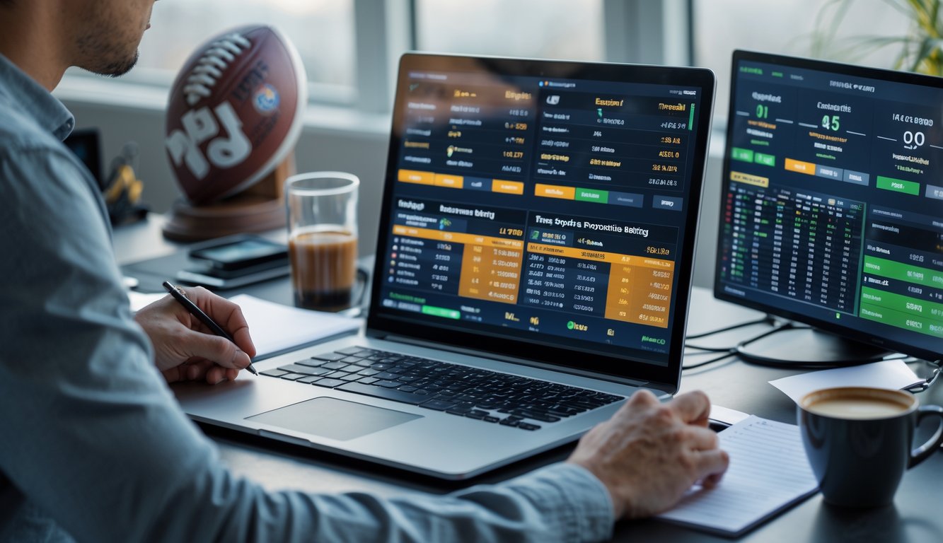 Seorang individu fokus menganalisis data taruhan olahraga online di depan laptop dengan beberapa layar menampilkan statistik dan pembaruan pertandingan.