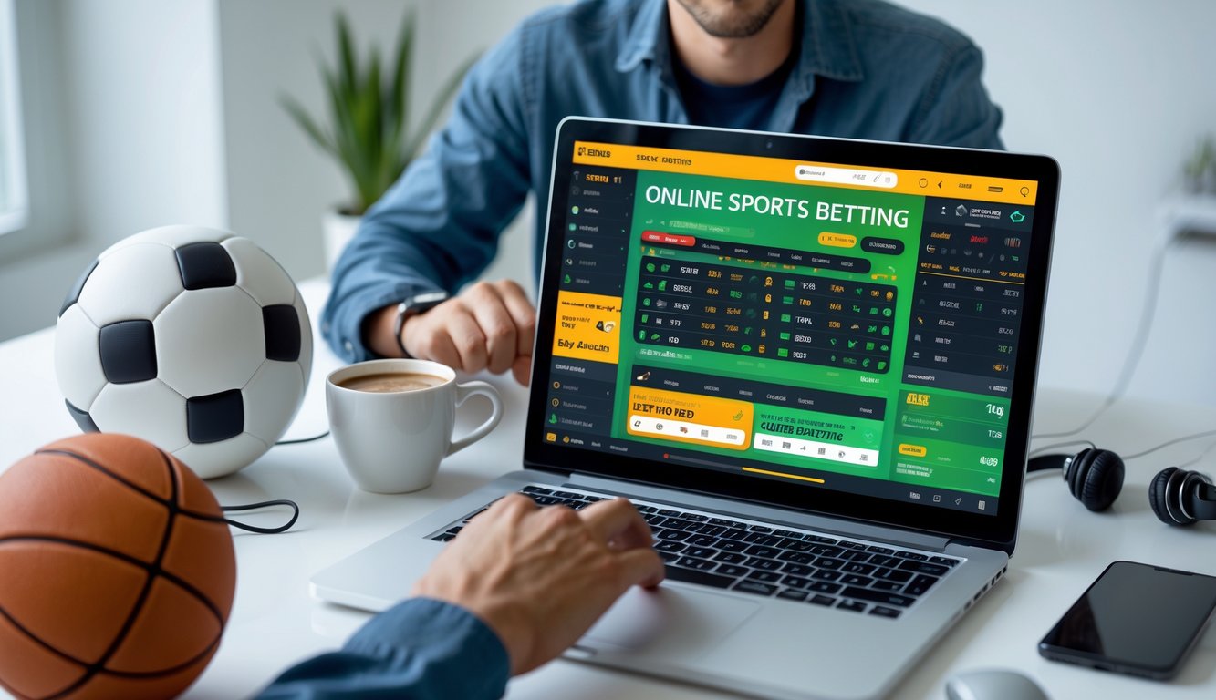 Seseorang sedang menggunakan laptop di meja dengan perlengkapan olahraga seperti bola sepak dan bola basket di sekitarnya.