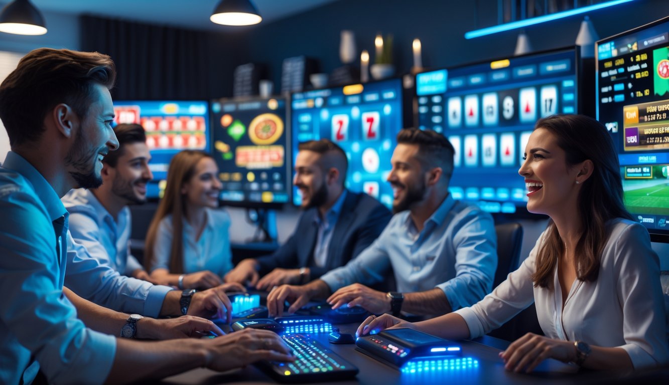Beberapa orang sedang bermain taruhan online dengan layar komputer menampilkan permainan kasino dan pertandingan olahraga.